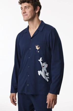 Erkek Lacivert Tom&jerry Uzun Kollu Gömlek Pantolon Pijama Takımı