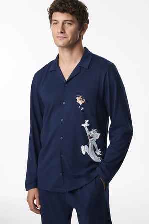 Erkek Lacivert Tom&jerry Uzun Kollu Gömlek Pantolon Pijama Takımı
