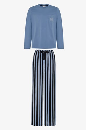 Erkek Steel Blue Çizgili Pantolon Uzun Kollu Pijama Takımı