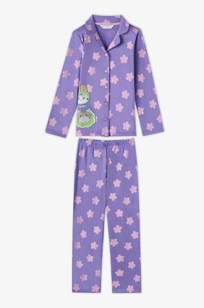 Kız Çocuk Lila Feel Better Kedi Desenli Pamuklu Düğmeli Uzun Kollu Gömlek Pantolon Pijama Takımı