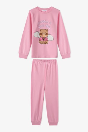 Kız Çocuk Pembe Friendly Capy Pamuklu Uzun Kollu 2'li Pijama Takımı