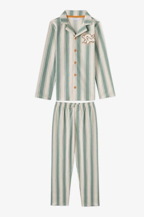 Erkek Çocuk Ekru Cute Friend Çizgili Pamuklu Düğmeli Uzun Kollu Gömlek Pantolon Pijama Takımı