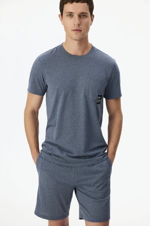 Erkek İndigo Melanj Soft Indigo Kısa Kollu Şort Pijama Takımı