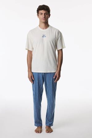 Erkek Refined Çizgili Oversize Pantolon Kısa Kollu Pijama Takımı