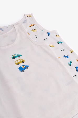 Erkek Çocuk Beyaz Capybaras With Cars Araba Desenli Pamuklu 2'li Atlet