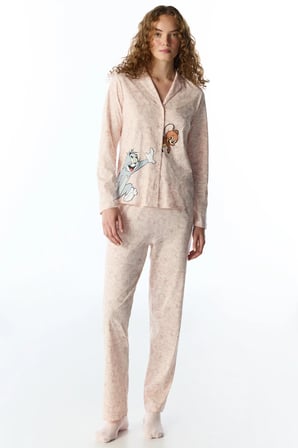 Açık Pembe Tom&Jerry Uzun Kollu Gömlek Pantolon Pijama Takımı