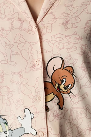 Açık Pembe Tom&Jerry Uzun Kollu Gömlek Pantolon Pijama Takımı
