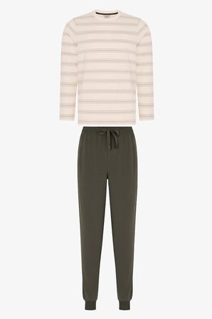 Erkek Moss Çizgili Uzun Kollu Jogger Pijama Takımı