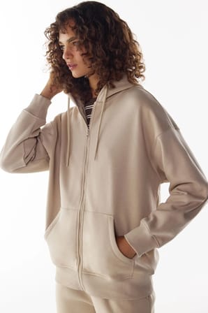 Bej Şardonlu Fermuarlı Kapüşonlu Sweatshirt