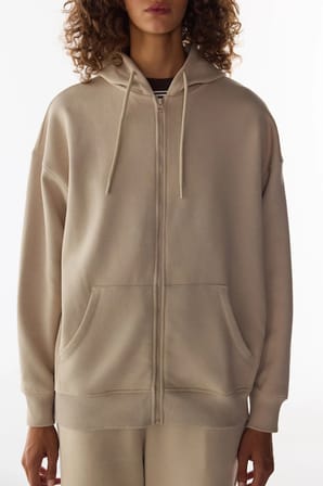 Bej Şardonlu Fermuarlı Kapüşonlu Sweatshirt