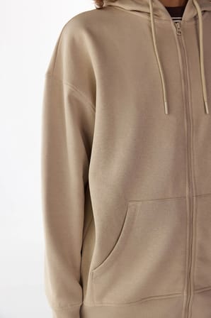 Bej Şardonlu Fermuarlı Kapüşonlu Sweatshirt