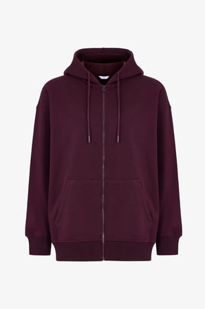 Bordo Şardonlu Fermuarlı Kapüşonlu Sweatshirt