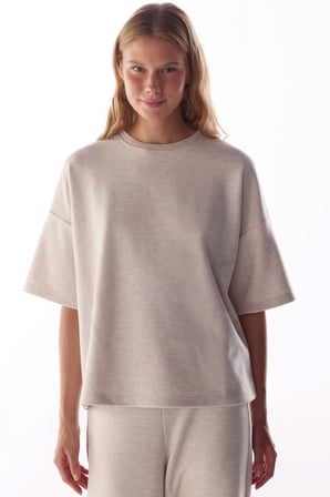 Bej Melanj Sıcak Tutan Kısa Kollu Oversize Bluz