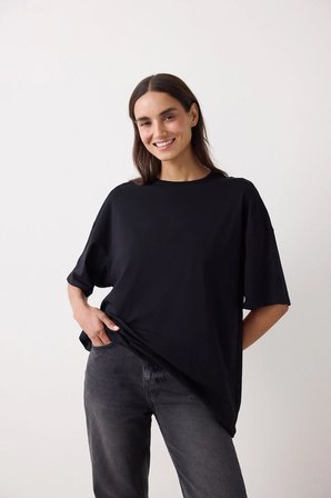 Siyah Bisiklet Yaka Oversize Pamuklu Tişört