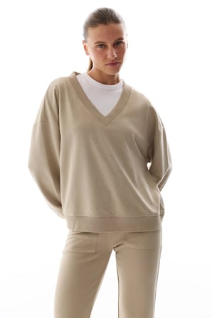 Bej Geniş V Yakalı Sweatshirt