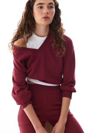 Bordo Geniş V Yaka Uzun Kollu Sweatshirt