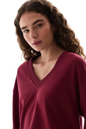 Bordo Geniş V Yaka Uzun Kollu Sweatshirt