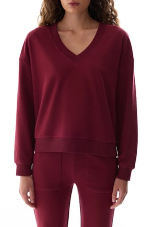 Bordo Geniş V Yaka Uzun Kollu Sweatshirt
