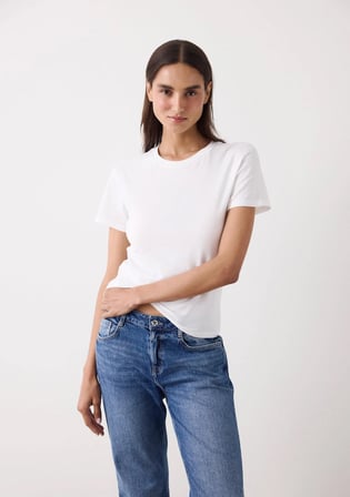 Beyaz Bisiklet Yaka Slim Fit Pamuklu Tişört