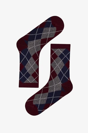 Bordo Timeless Diamond Baklava Desenli Pamuklu 2 Çift Soket Çorap