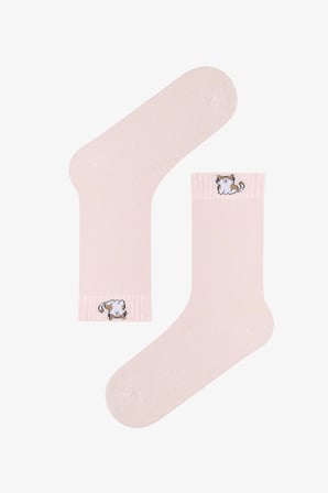 Pembe Beyaz Tiny Puppies Kedi Desenli Pamuklu 3 Çift Soket Çorap