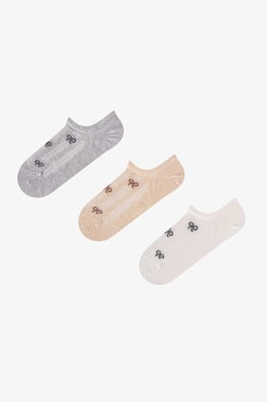 Gri Bej Ribbon Jakarlı Fiyonk Desenli Pamuklu 3 Çift Sneaker Çorap