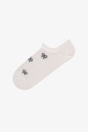 Gri Bej Ribbon Jakarlı Fiyonk Desenli Pamuklu 3 Çift Sneaker Çorap