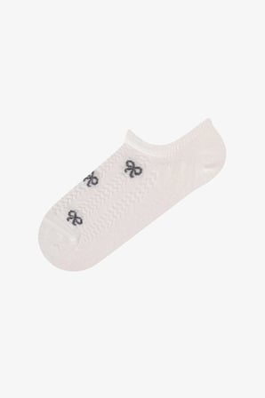 Gri Bej Ribbon Jakarlı Fiyonk Desenli Pamuklu 3 Çift Sneaker Çorap