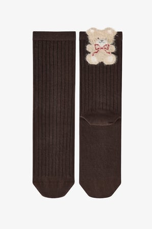 Siyah Beyaz Fluffy Ribbon Bear Pamuklu 2 Çift Soket Çorap