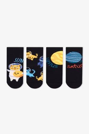 Erkek Çocuk Siyah Stellar Cats Kedi Desenli Pamuklu 4 Çift Soket Çorap