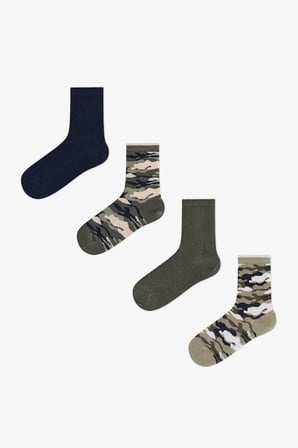 Erkek Çocuk Yeşil Camo Kamuflaj Desenli Pamuklu 4 Çift Soket Çorap