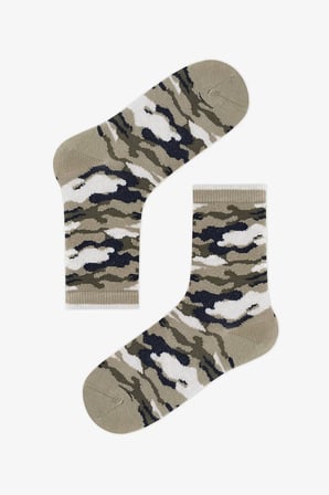 Erkek Çocuk Yeşil Camo Kamuflaj Desenli Pamuklu 4 Çift Soket Çorap