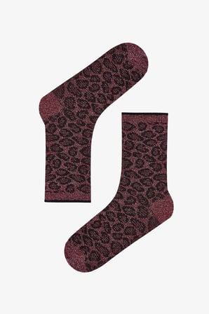 Bordo Siyah Parlak Leopar Pamuklu Simli 2 Çift Soket Çorap