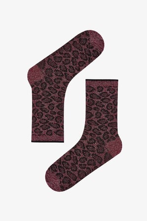 Bordo Siyah Parlak Leopar Pamuklu Simli 2 Çift Soket Çorap