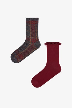 Bordo Siyah Vintage Lace Çizgili Pamuklu 2 Çift Soket Çorap