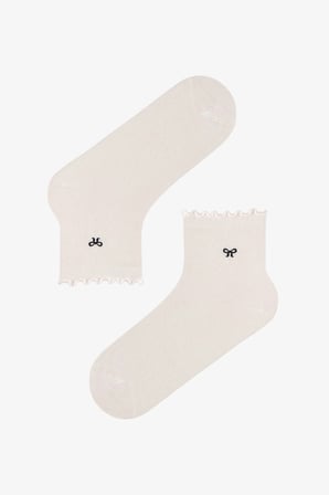 Gri Siyah Beyaz Ribbon Fırfırlı Fiyonk Desenli 3 Çift Soket Çorap