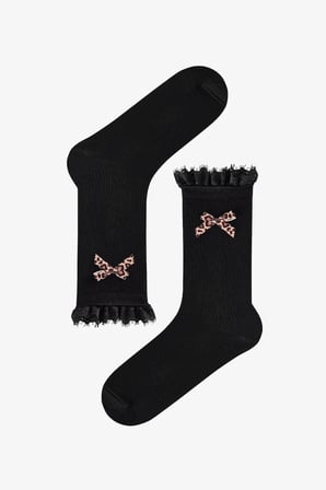 Siyah Leopar Bowtie Pamuklu Soket Çorap