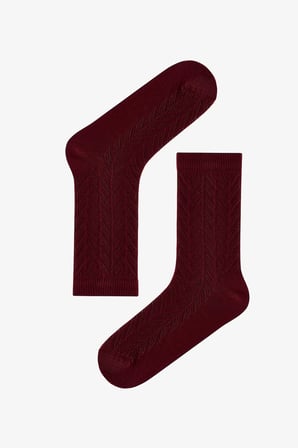 Bordo Bej Braided Colosio Ajur Desenli Pamuklu 3 Çift Soket Çorap