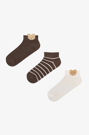 Beyaz Kahve Cute Teddy Bear Pamuklu 3 Çift Patik Çorap