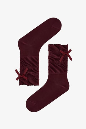 Bordo Draped Ribbon Pamuklu Soket Çorap