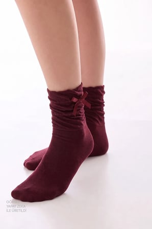 Bordo Draped Ribbon Pamuklu Soket Çorap