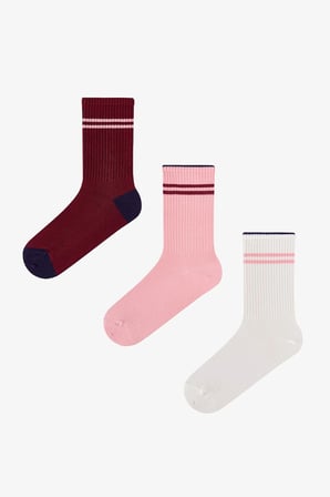 Pembe Bordo Long Tennis Çizgili Pamuklu 3 Çift Soket Çorap