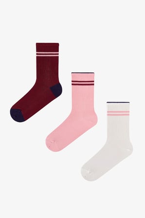 Pembe Bordo Long Tennis Çizgili Pamuklu 3 Çift Soket Çorap