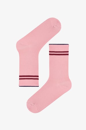 Pembe Bordo Long Tennis Çizgili Pamuklu 3 Çift Soket Çorap