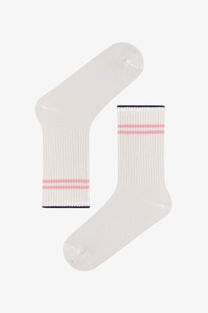 Pembe Bordo Long Tennis Çizgili Pamuklu 3 Çift Soket Çorap