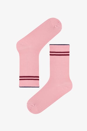 Pembe Bordo Long Tennis Çizgili Pamuklu 3 Çift Soket Çorap