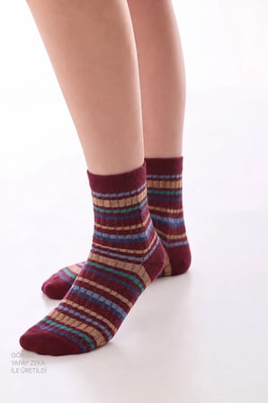 Bordo Lacivert Vintage Lines Çizgili Pamuklu 2 Çift Soket Çorap