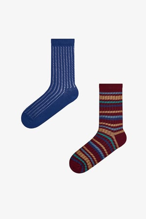 Bordo Lacivert Vintage Lines Çizgili Pamuklu 2 Çift Soket Çorap