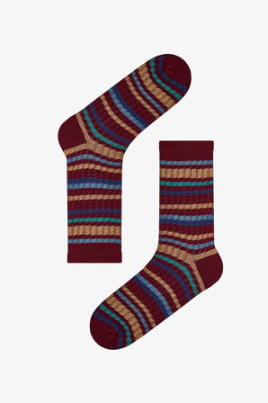Bordo Lacivert Vintage Lines Çizgili Pamuklu 2 Çift Soket Çorap