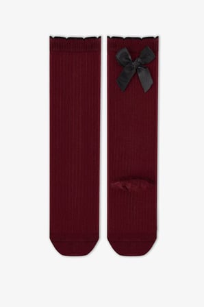 Kız Çocuk Bordo Preppy Sweetie Fiyonk Desenli Pamuklu Pantolon Çorap